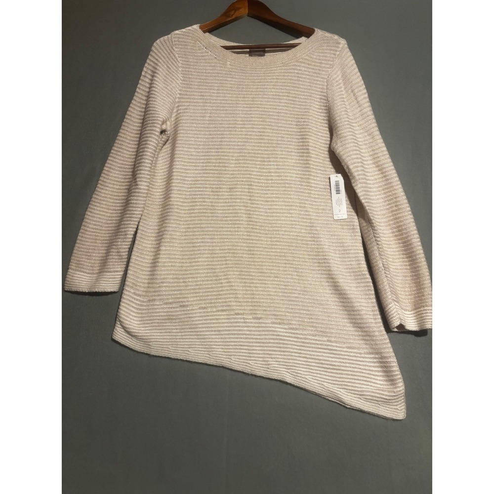 Chicos Asymmetrical Tunic Sweater Toasted Tan Colorblock Ribbed Size 2 Large